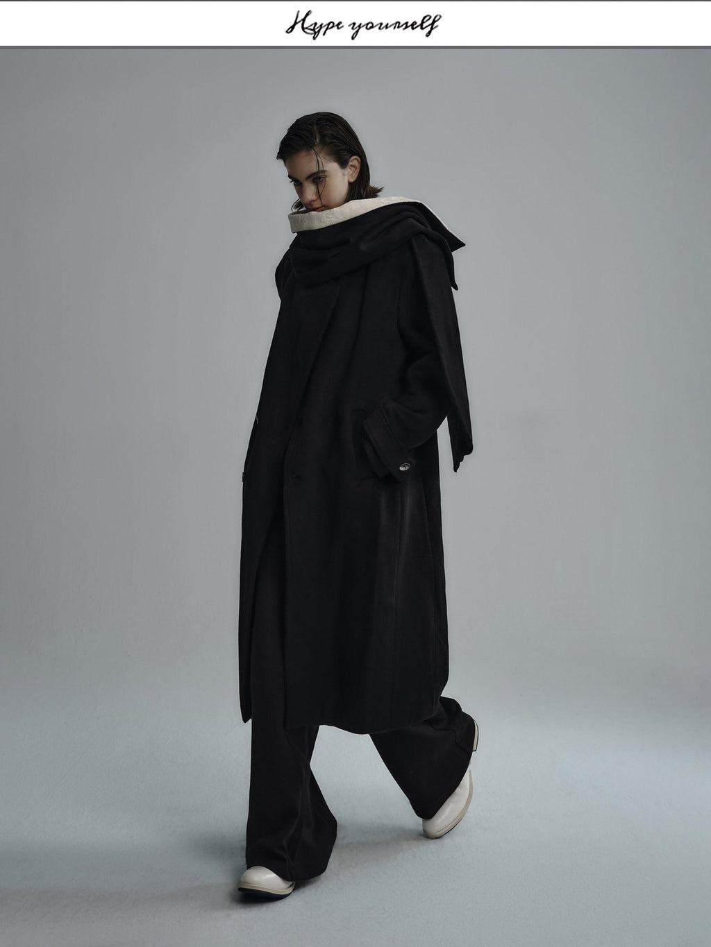 Hypeyourself Sleek Minimalist Single Breasted Mid Length No Collar Youth Black Wool Coats