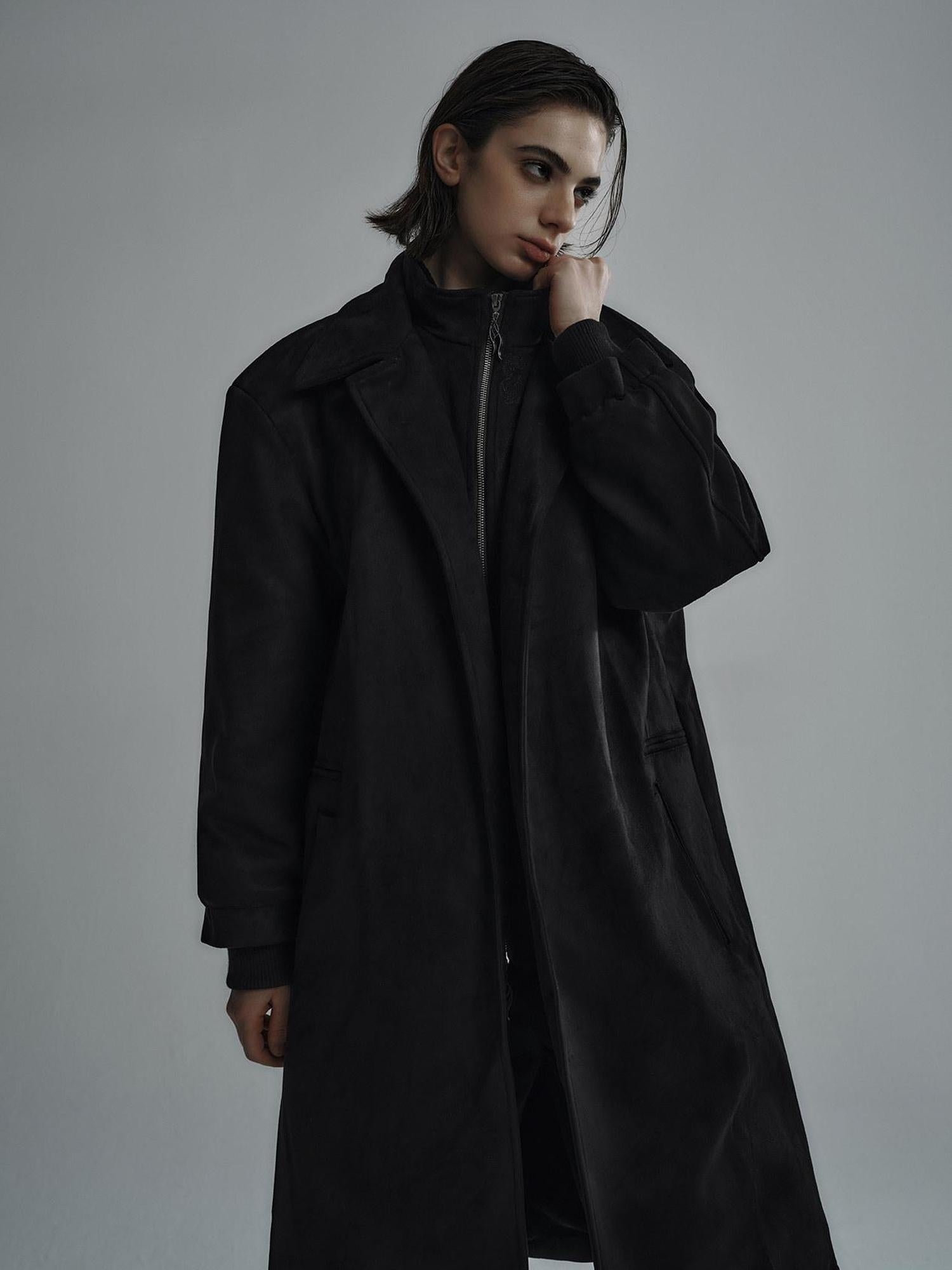 Hypeyourself Sleek Zip Urban Chic Mid Length Lapel Collar Black Milk Tea Long Coats