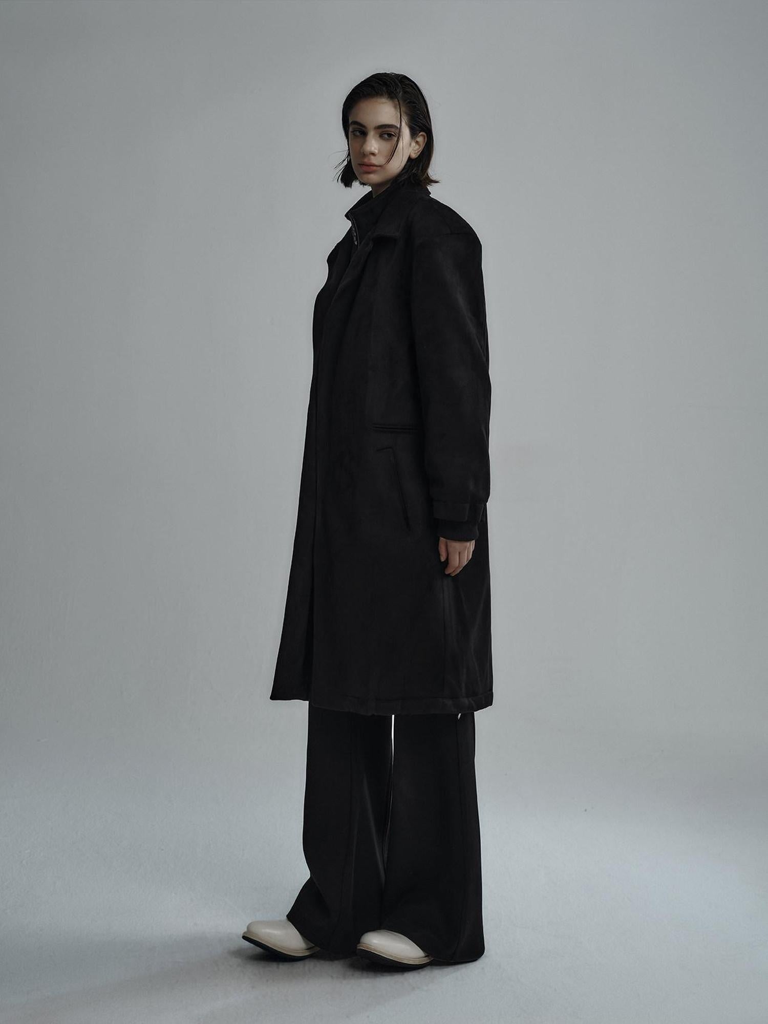 Hypeyourself Sleek Zip Urban Chic Mid Length Lapel Collar Black Milk Tea Long Coats