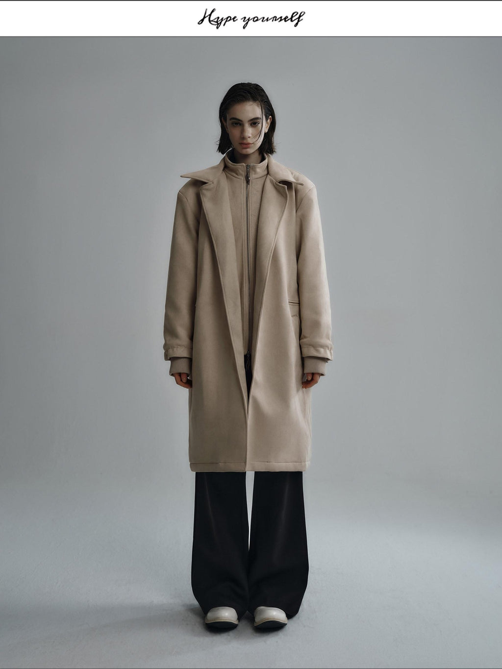Hypeyourself Sleek Zip Urban Chic Mid Length Lapel Collar Black Milk Tea Long Coats