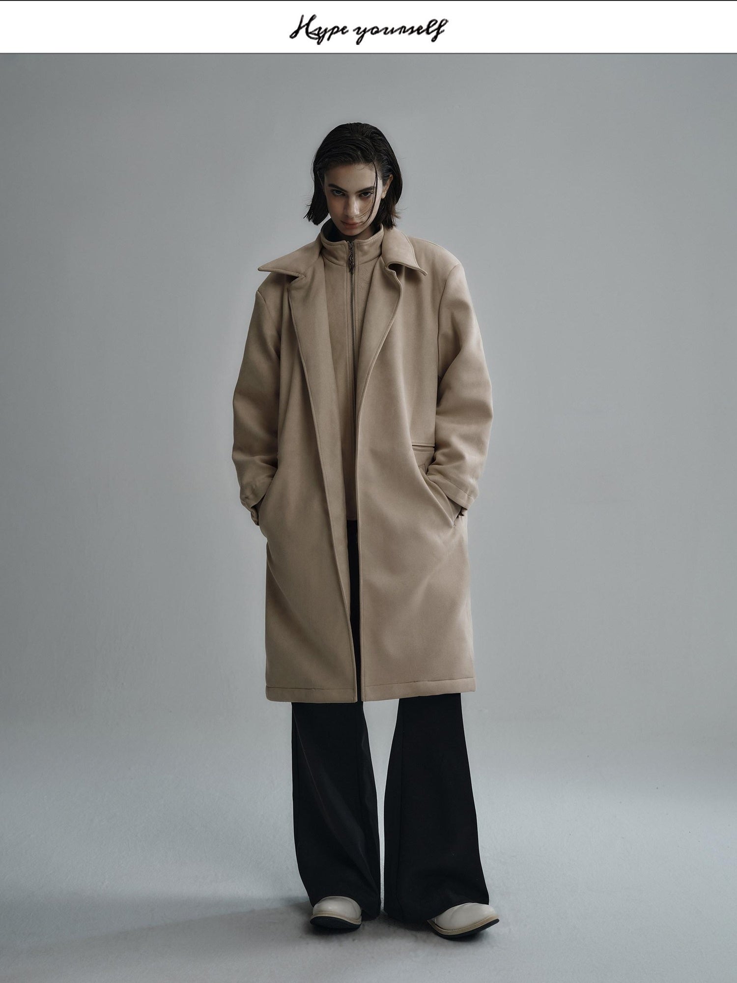 Hypeyourself Sleek Zipper Mid Length Lapel Standard Fit Urban Chic Black Beige Long Coats