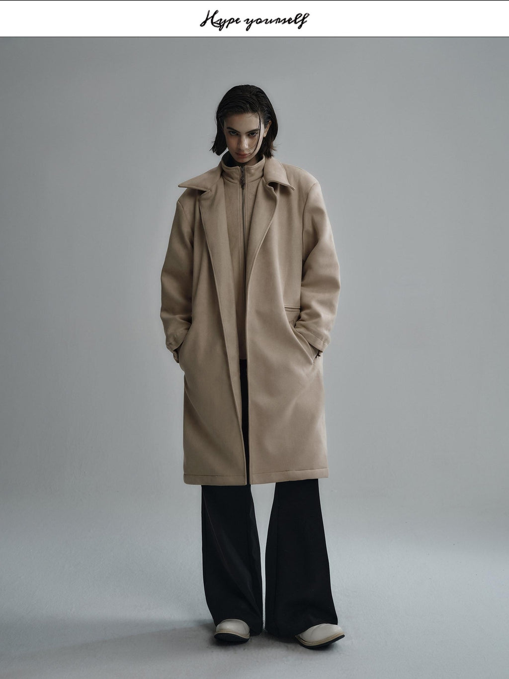 Hypeyourself Sleek Zipper Urban Tailored Midlength Lapel Womens Solid Black Beige Long Coats
