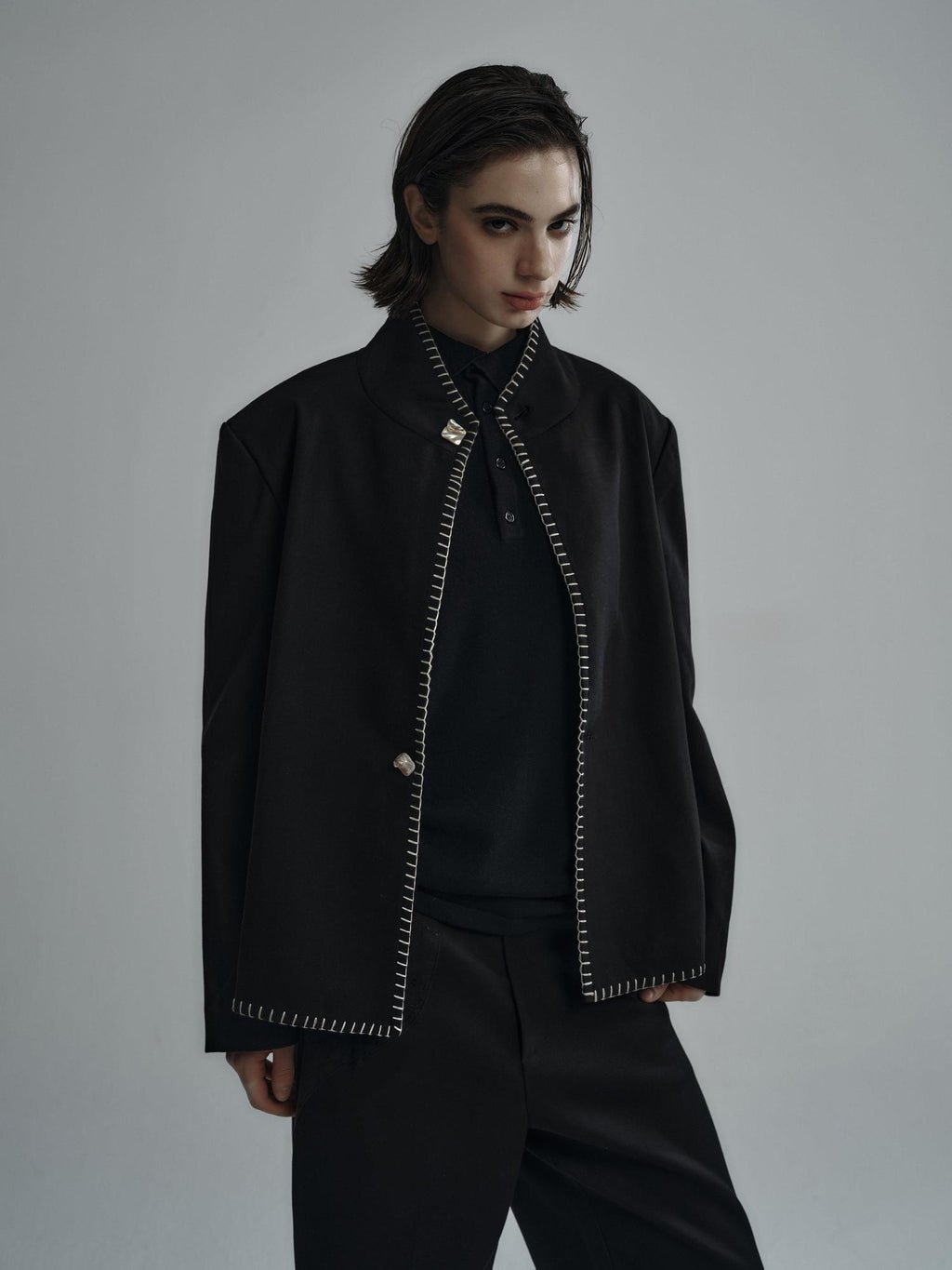 Hypeyourself Stretch Cotton Blend Stand Collar Short Unisex Black Ivory Cropped Jackets