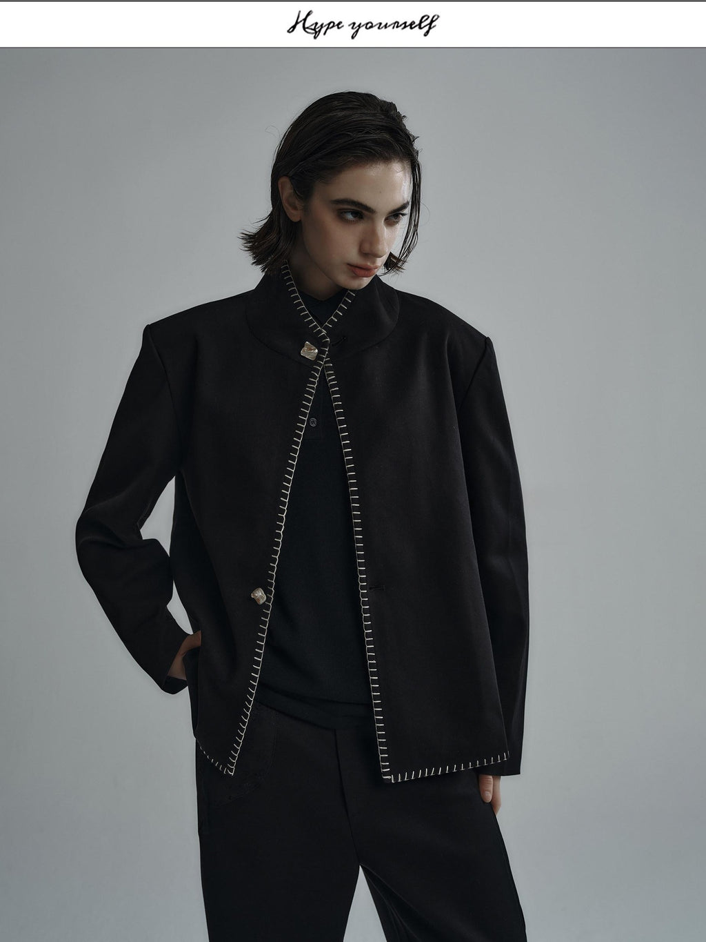 Hypeyourself Stretch Cotton Blend Stand Collar Short Unisex Black Ivory Cropped Jackets