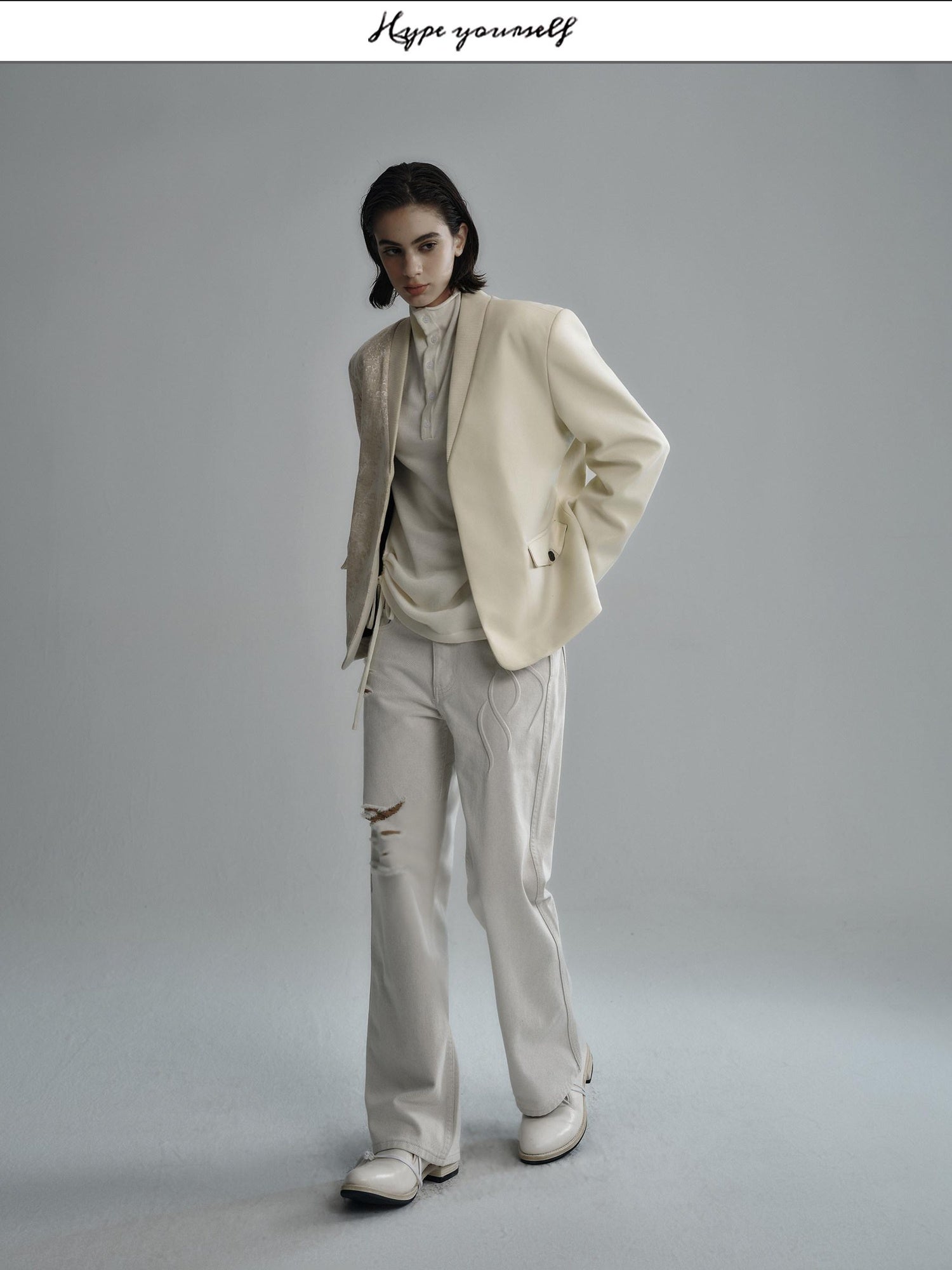 Hypeyourself Viscose Linen Blend Urban Relaxed Patchwork Unisex V-neck White Black Blazers
