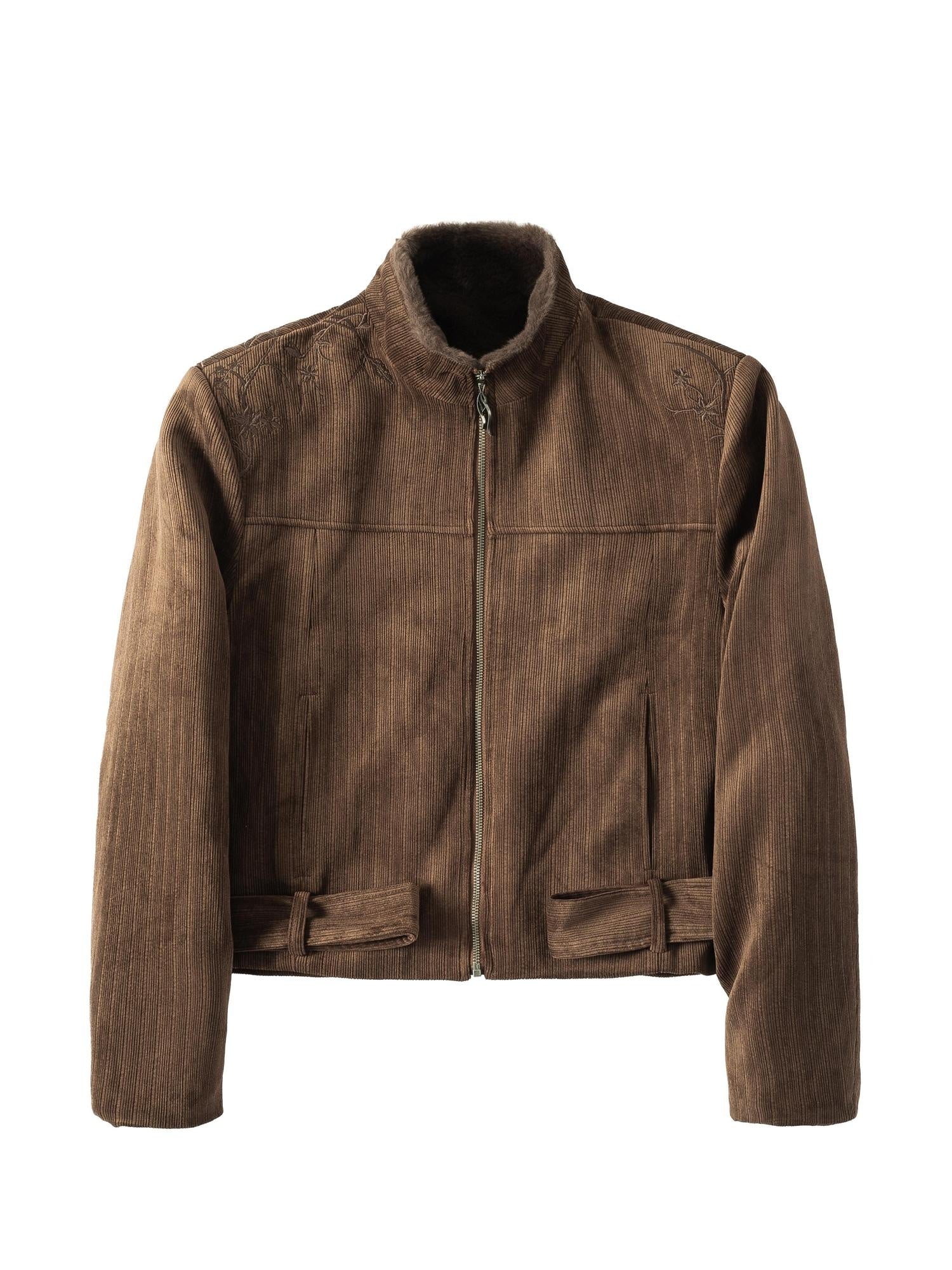 Hypeyourself Warm Embossed Corduroy Stand Collar Men Daily Polyester Zipper Cropped Jackets