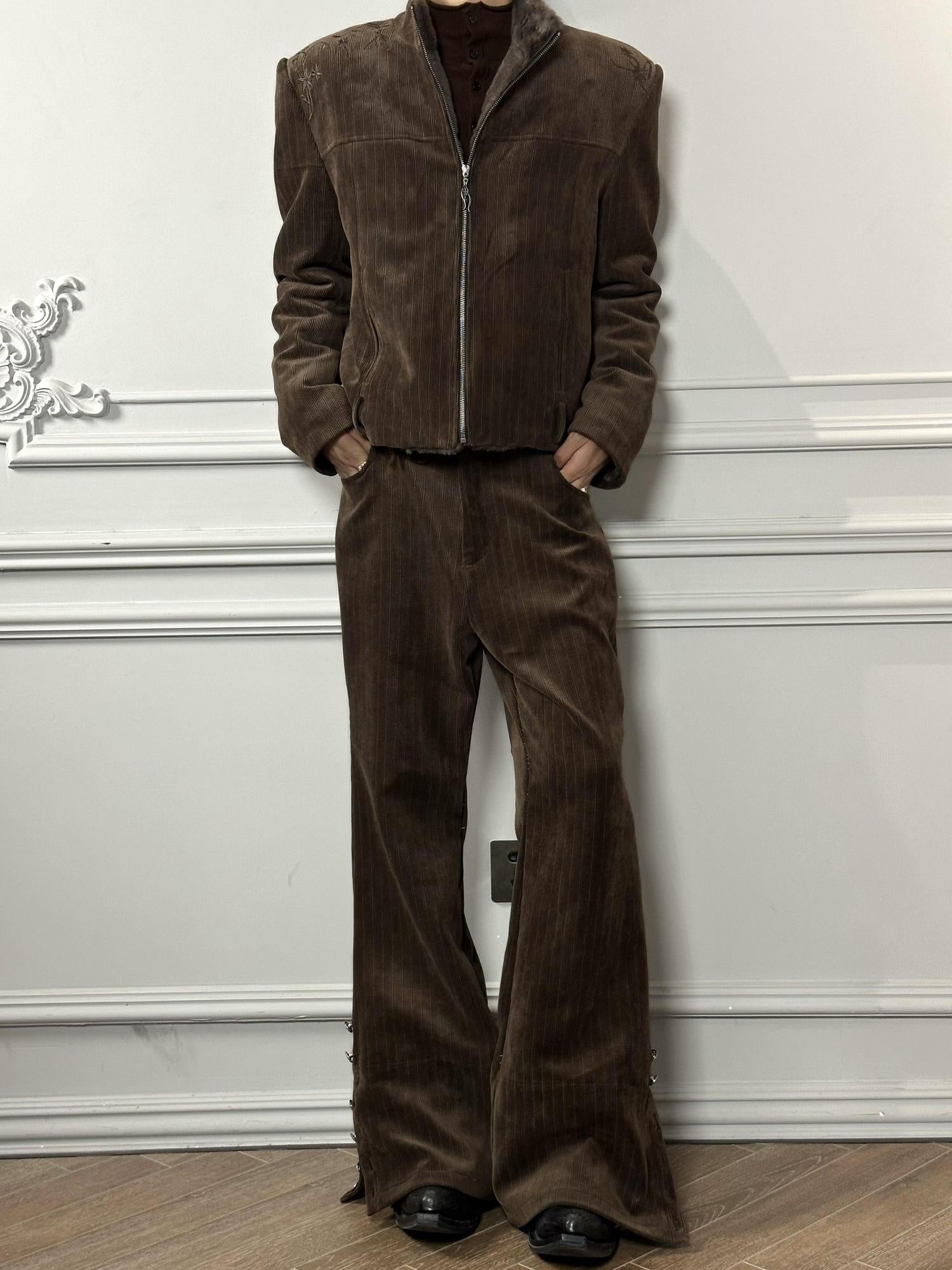 Hypeyourself Warm Embossed Corduroy Stand Collar Men Daily Polyester Zipper Cropped Jackets