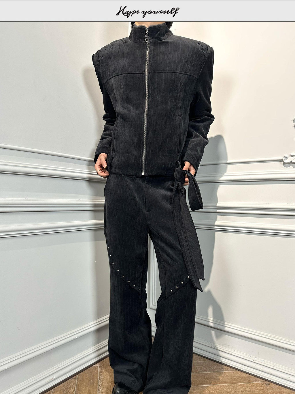 Hypeyourself Warm Embossed Corduroy Stand Collar Men Daily Polyester Zipper Cropped Jackets