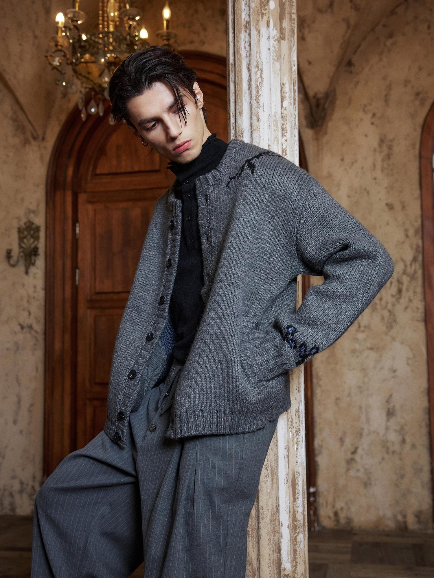 Hypeyourself Warm Soft Loose Cleanfit Embroidered Jacquard Button Men Iris Knit Cardigans