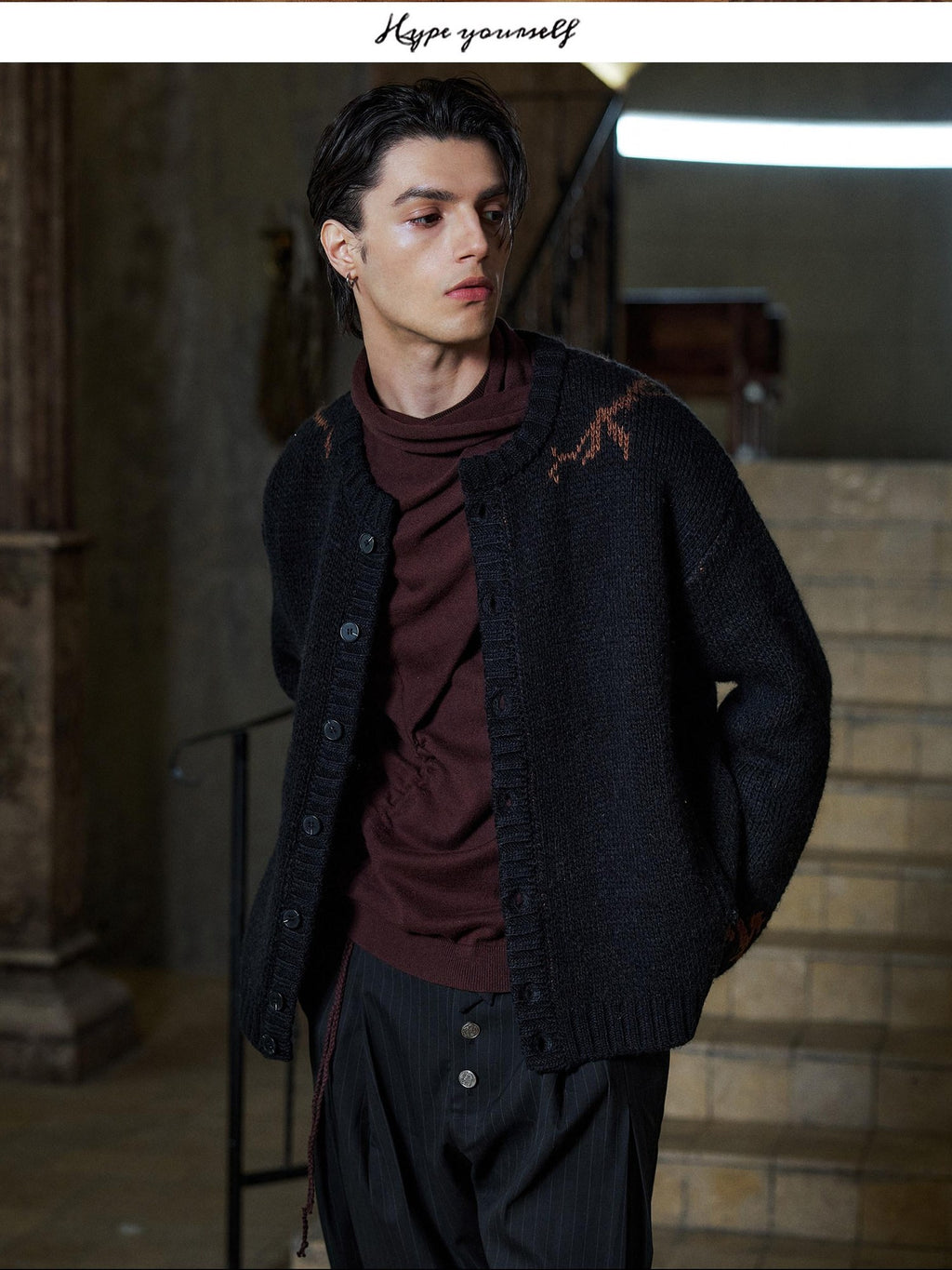Hypeyourself Warm Soft Loose Cleanfit Embroidered Jacquard Button Men Iris Knit Cardigans