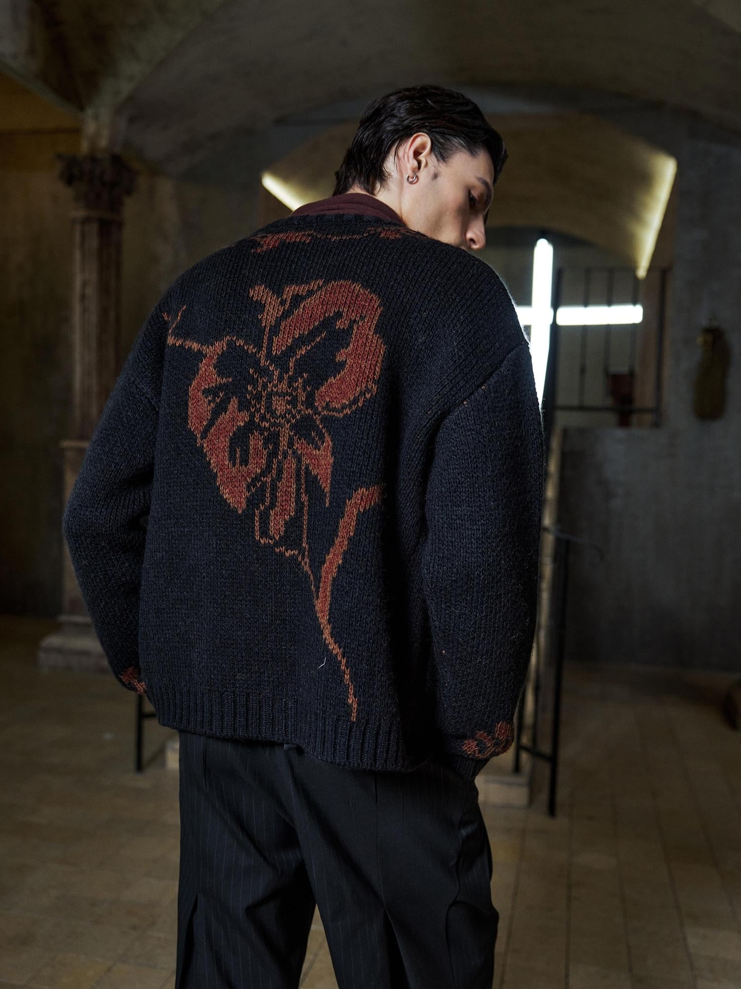 Hypeyourself Warm Thick Button Front Embroidered Jacquard Loose Fit Men Daily Knit Cardigans