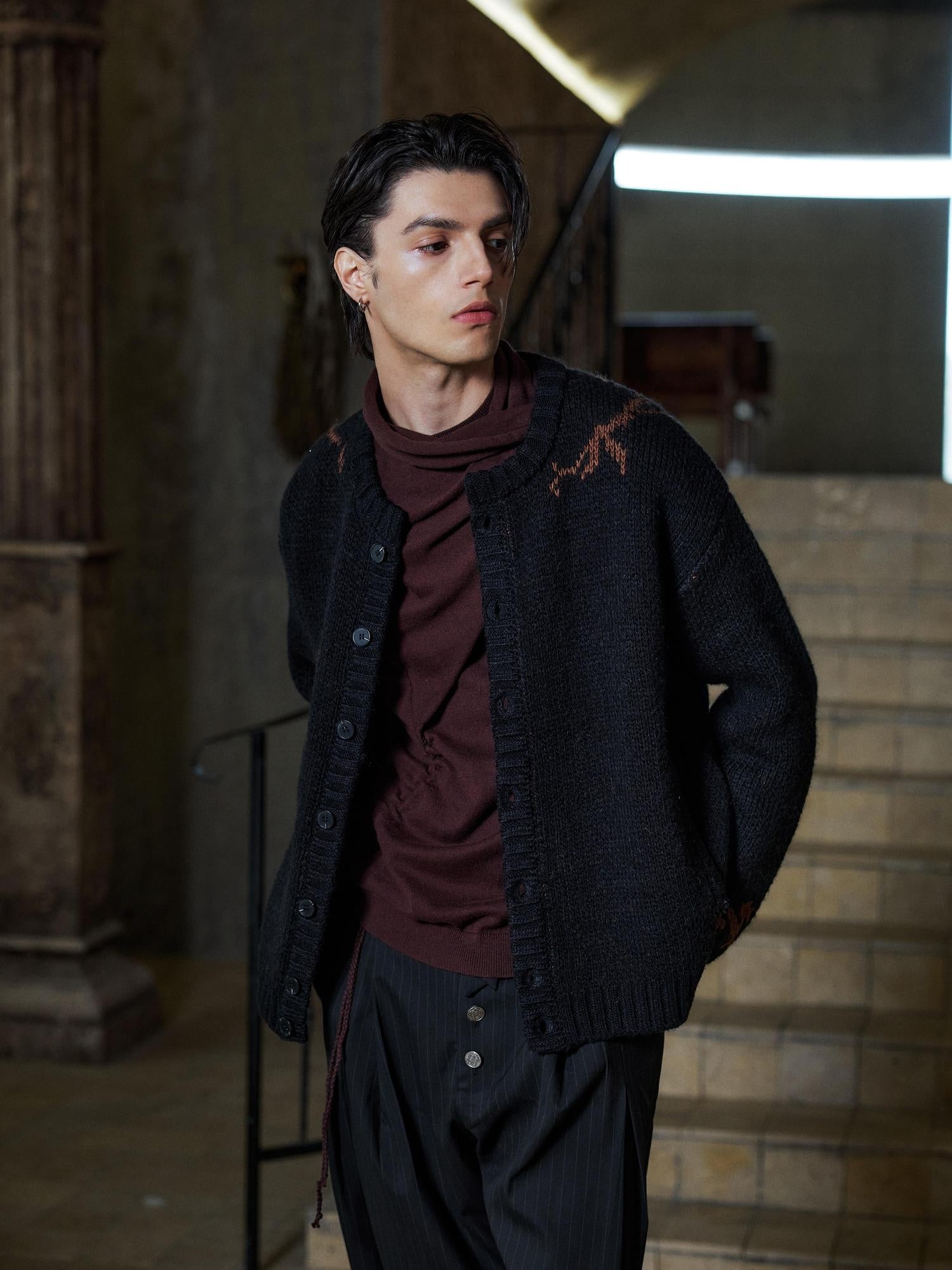 Hypeyourself Warm Thick Button Front Embroidered Jacquard Loose Fit Men Daily Knit Cardigans