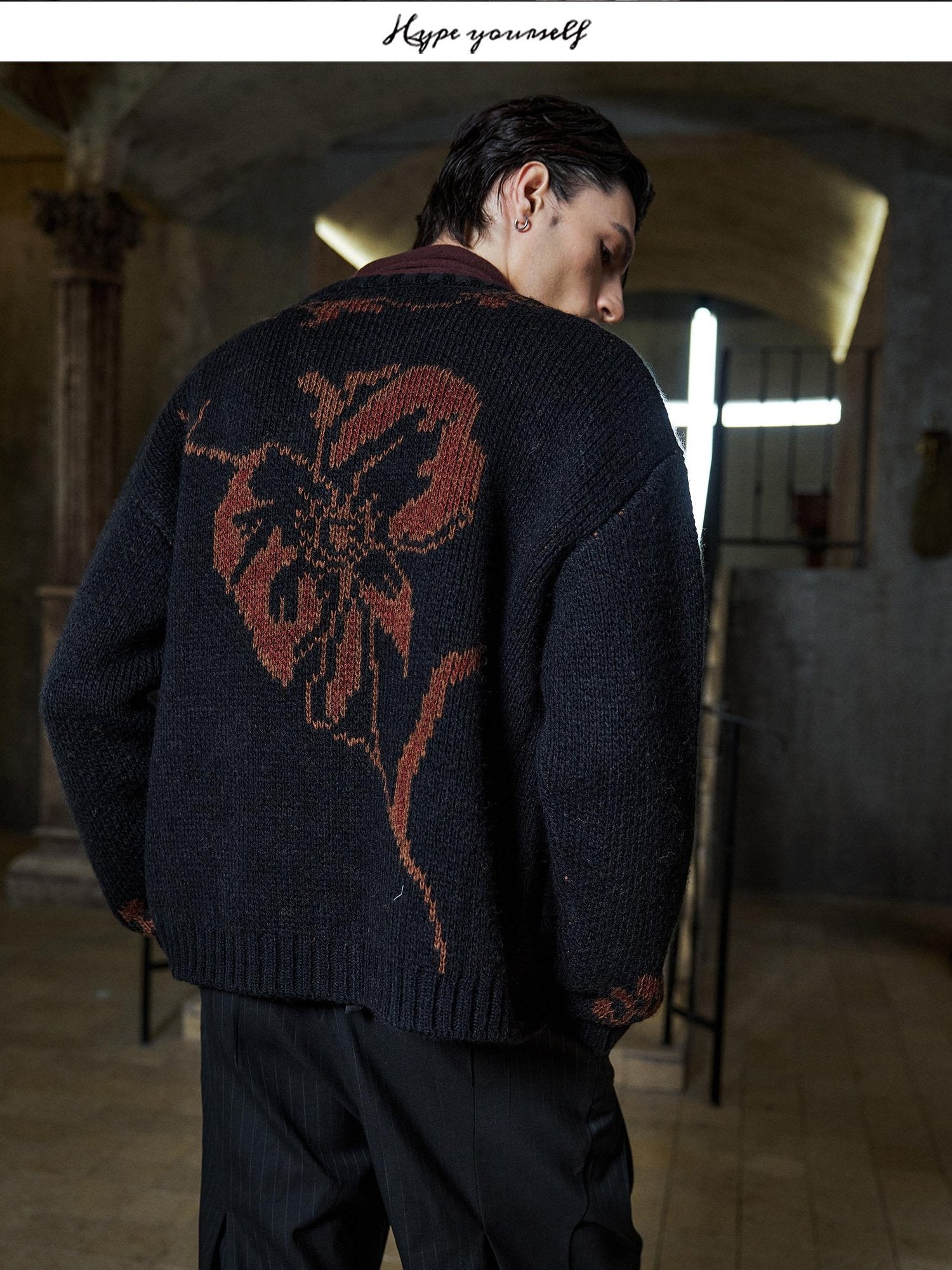 Hypeyourself Warm Thick Button Front Embroidered Jacquard Loose Fit Men Daily Knit Cardigans