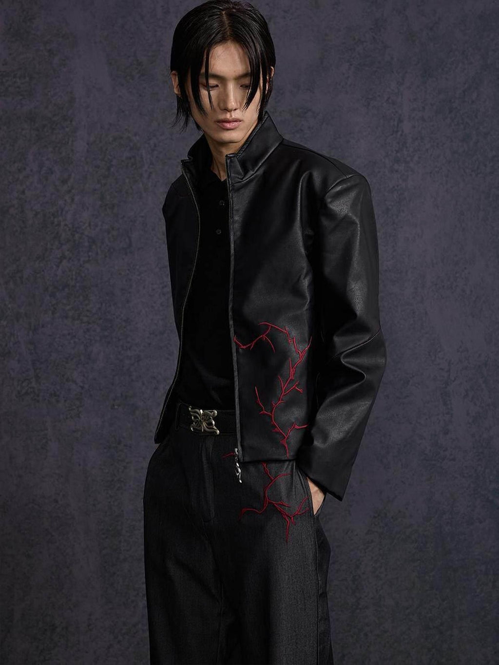 Hypeyourself Windproof Embroidered Loose Short Stand Collar Youth Faux Leather Jackets
