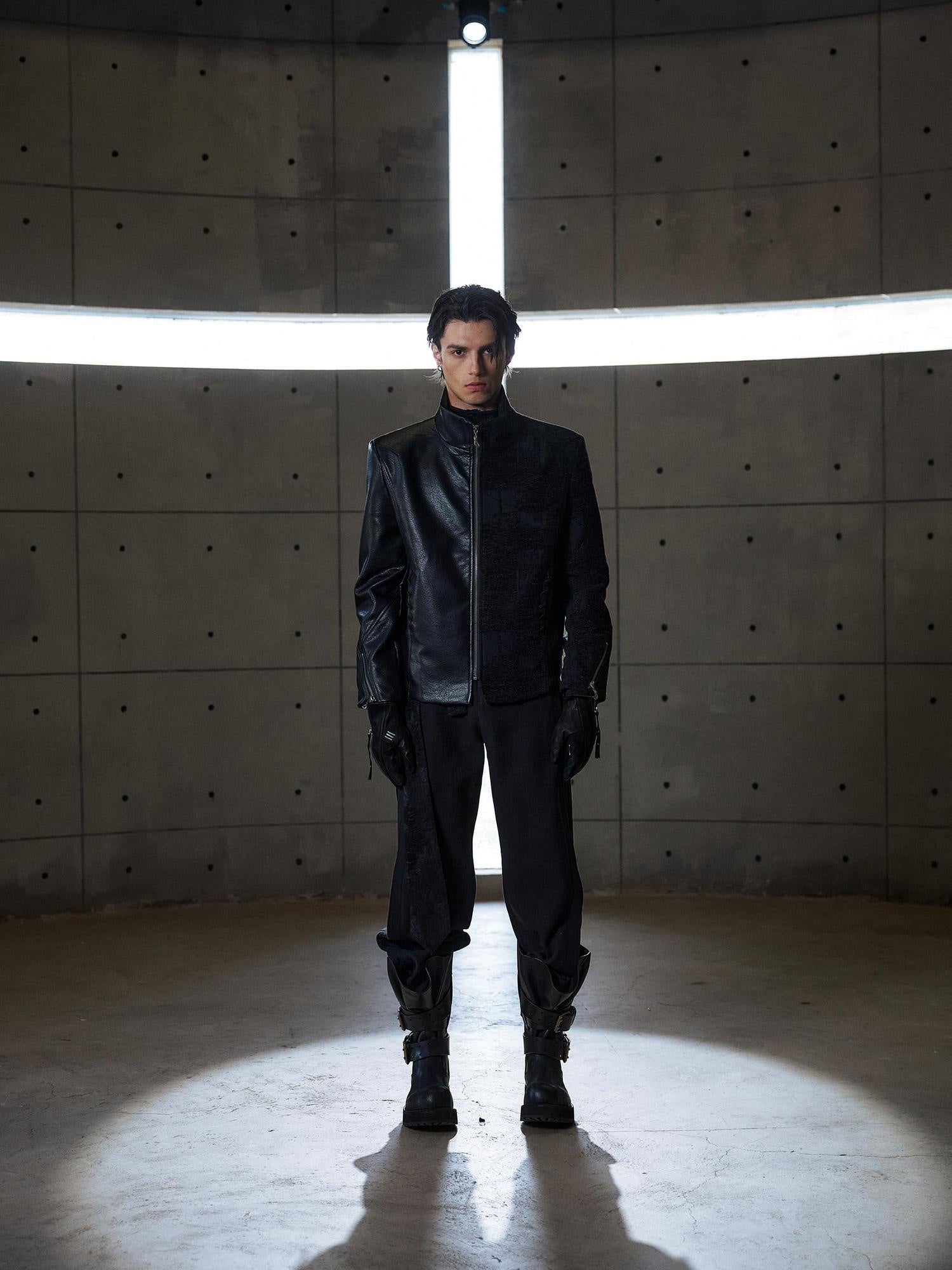 Hypeyourself Windproof Standard Fit Mock Neck Black Wool Blend Leather Jackets