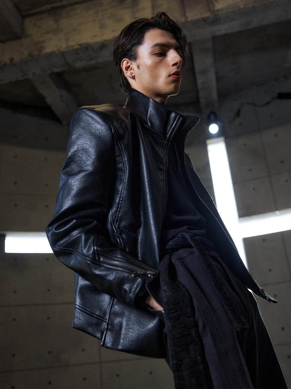 Hypeyourself Windproof Standard Fit Mock Neck Black Wool Blend Leather Jackets