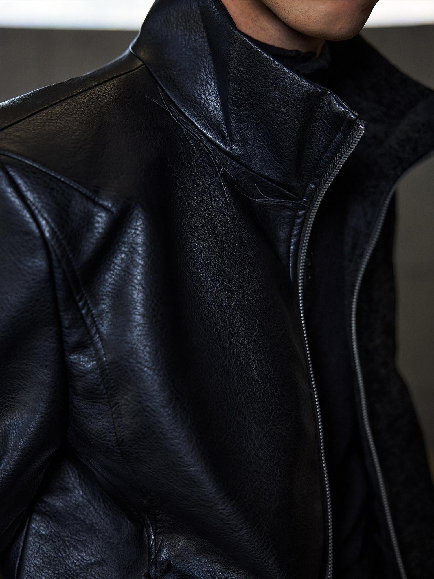 Hypeyourself Windproof Standard Fit Mock Neck Black Wool Blend Leather Jackets