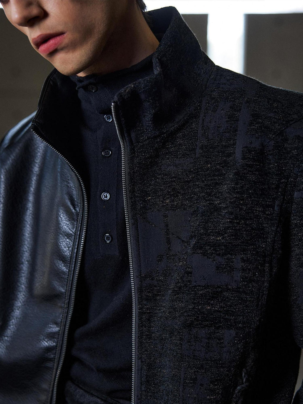 Hypeyourself Windproof Standard Fit Mock Neck Black Wool Blend Leather Jackets