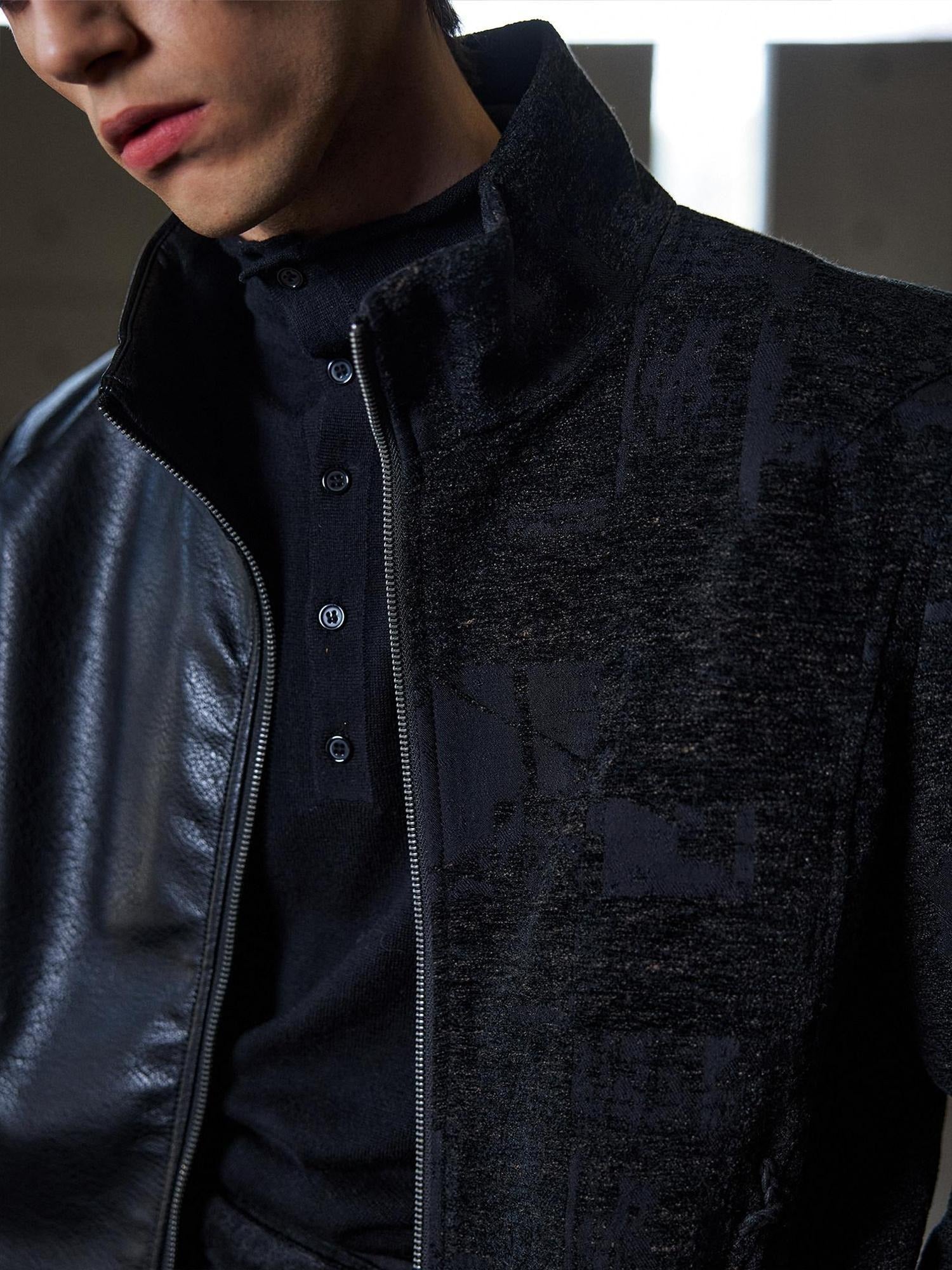 Hypeyourself Windproof Standard Fit Mock Neck Black Wool Blend Leather Jackets