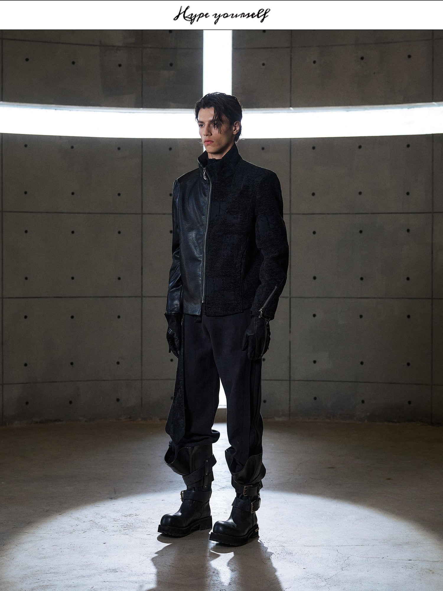 Hypeyourself Windproof Standard Fit Mock Neck Black Wool Blend Leather Jackets