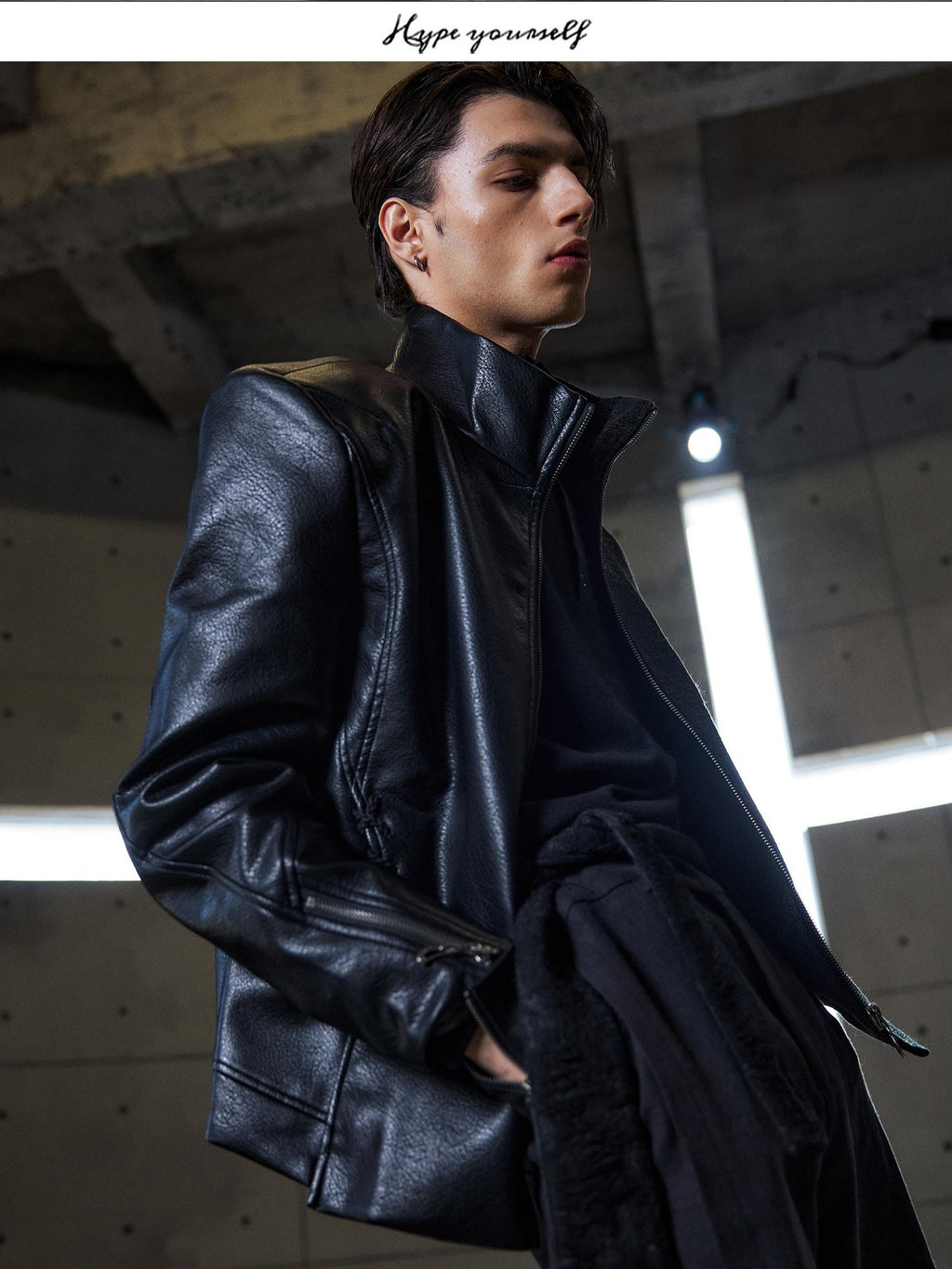 Hypeyourself Windproof Standard Fit Mock Neck Black Wool Blend Leather Jackets