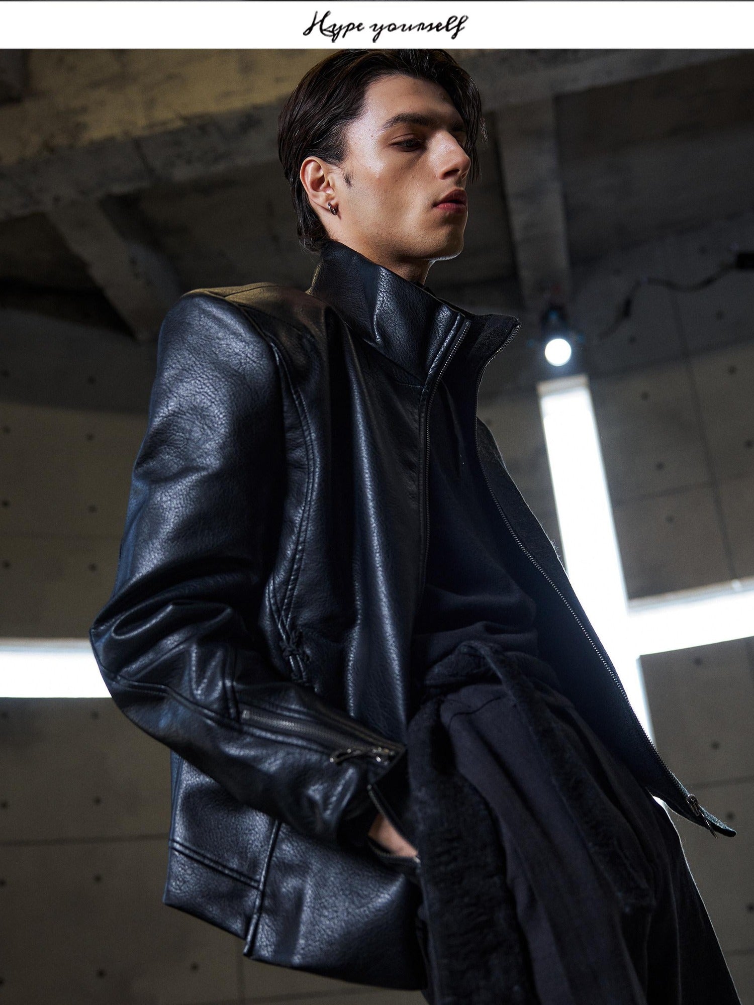 Hypeyourself Windproof Standard Fit Mock Neck Black Wool Blend Leather Jackets