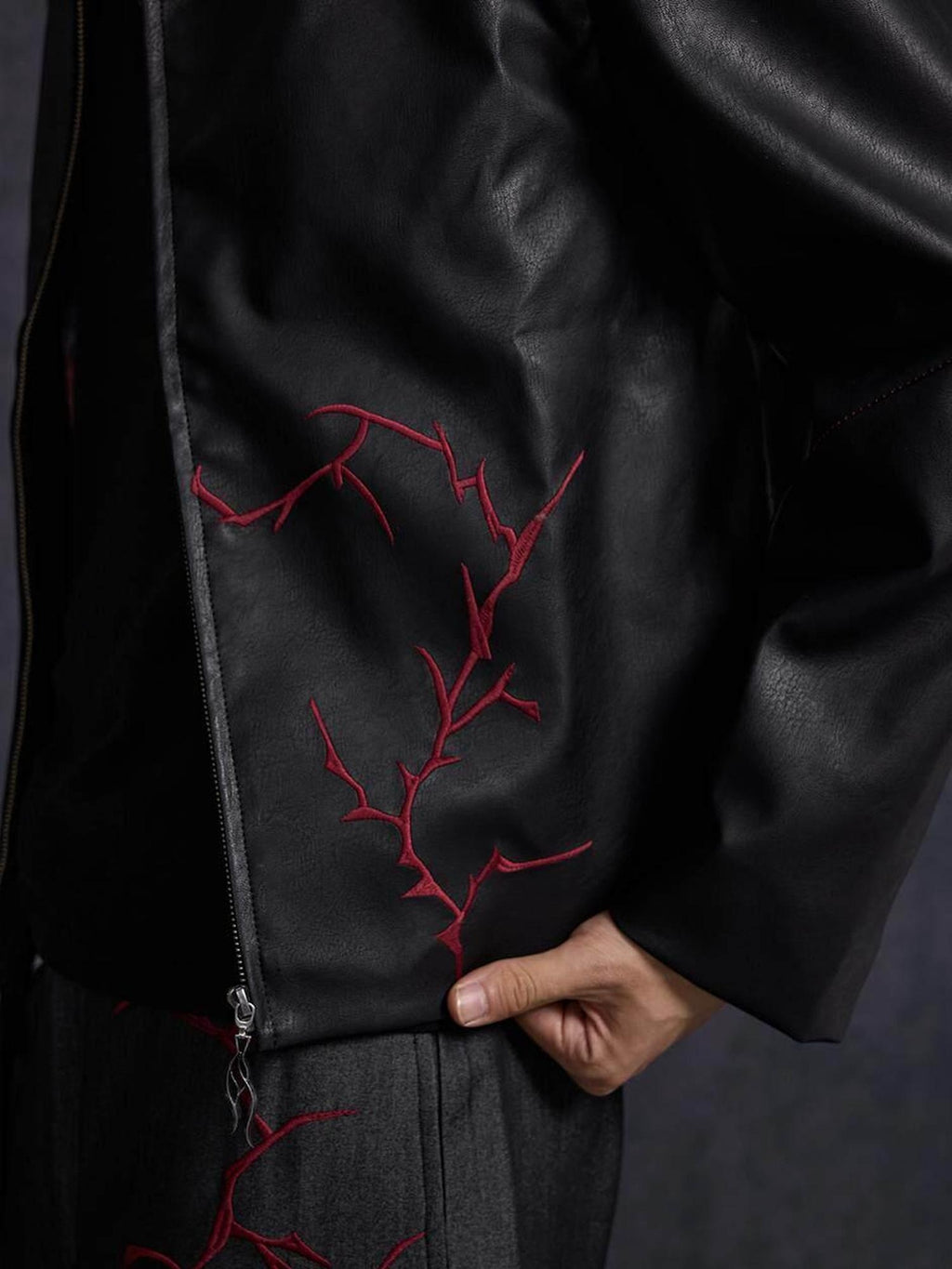 Hypeyourself Windproof Trendy Loose Fit Stand Collar Embroidered Youth Faux Leather Jackets