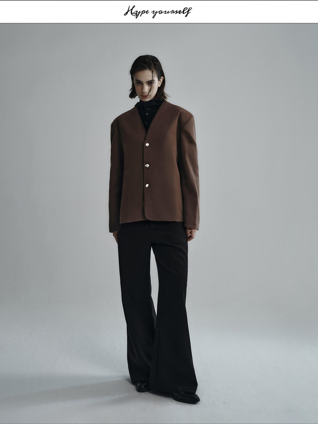 Hypeyourself Wool Blend Minimalist Stand Collar Cropped Unisex Daily Black Caramel Blazers