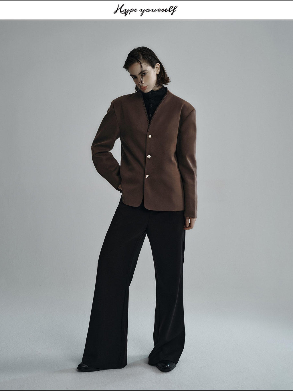Hypeyourself Wool Blend Minimalist Stand Collar Cropped Unisex Daily Black Caramel Blazers