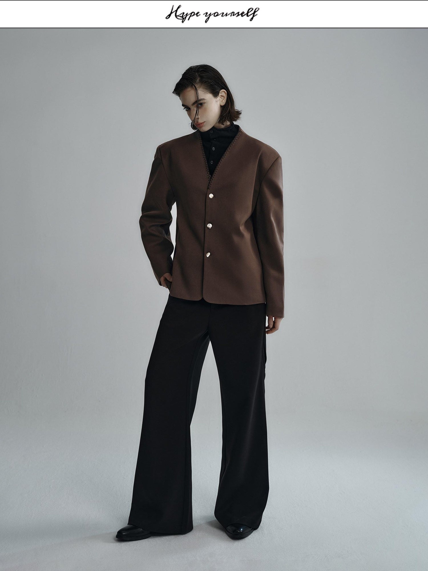 Hypeyourself Wool Blend Minimalist Stand Collar Cropped Unisex Daily Black Caramel Blazers