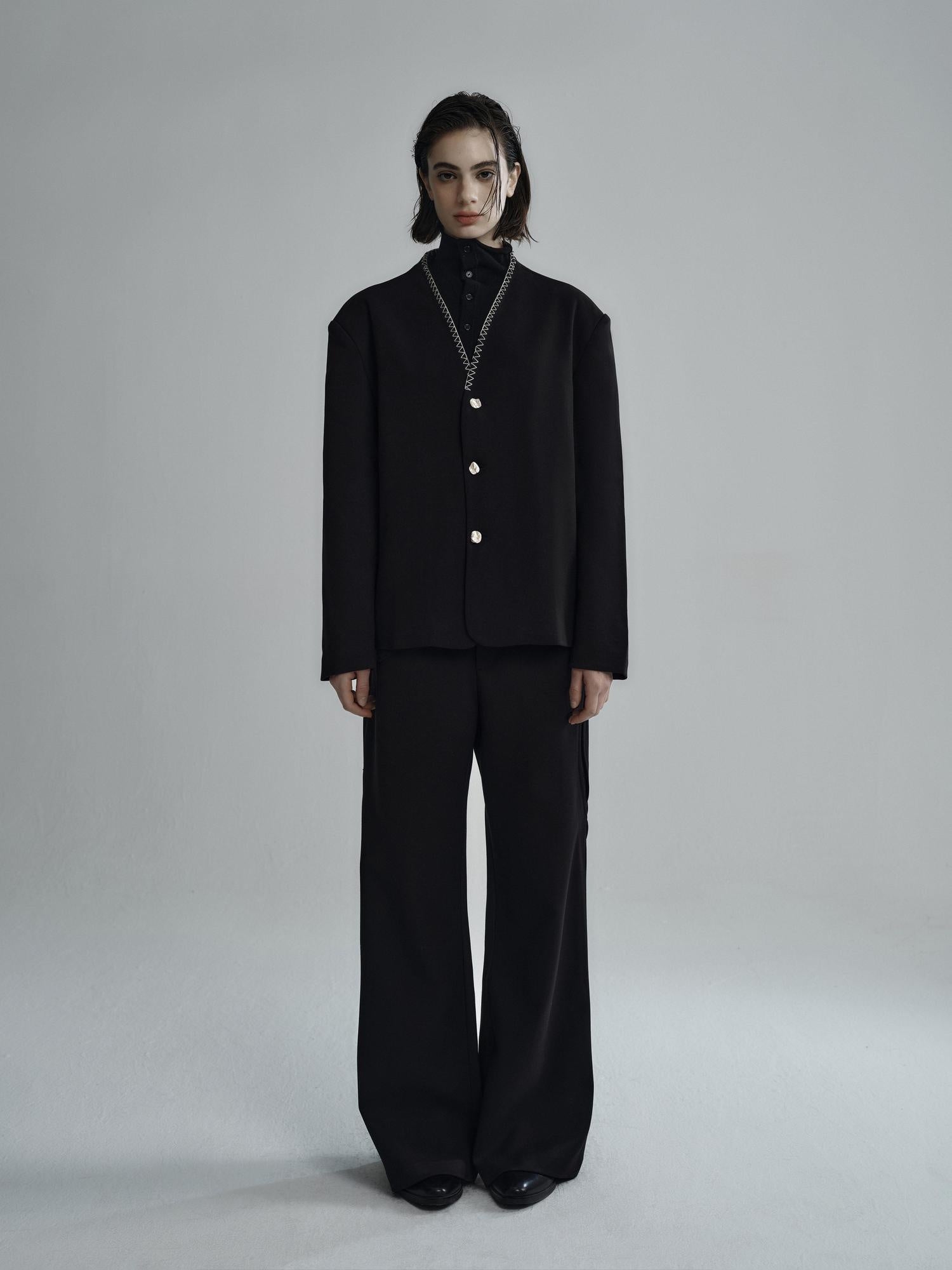 Hypeyourself Wool Blend Minimalist Stand Collar Cropped Unisex Daily Black Caramel Blazers