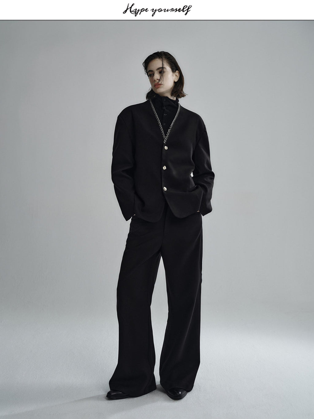 Hypeyourself Wool Blend Minimalist Stand Collar Cropped Unisex Daily Black Caramel Blazers