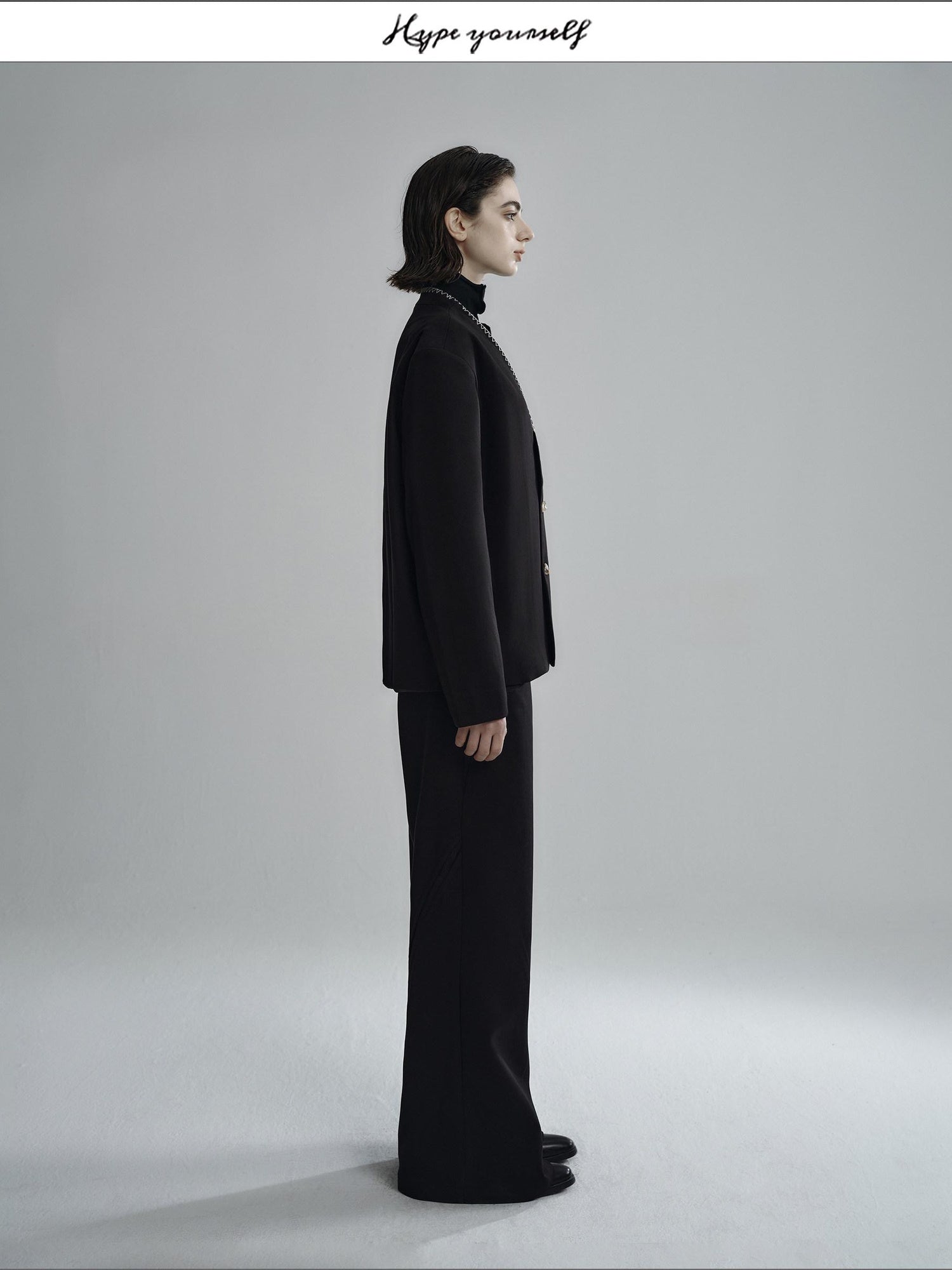 Hypeyourself Wool Blend Minimalist Stand Collar Short Unisex Everyday Black Caramel Blazers