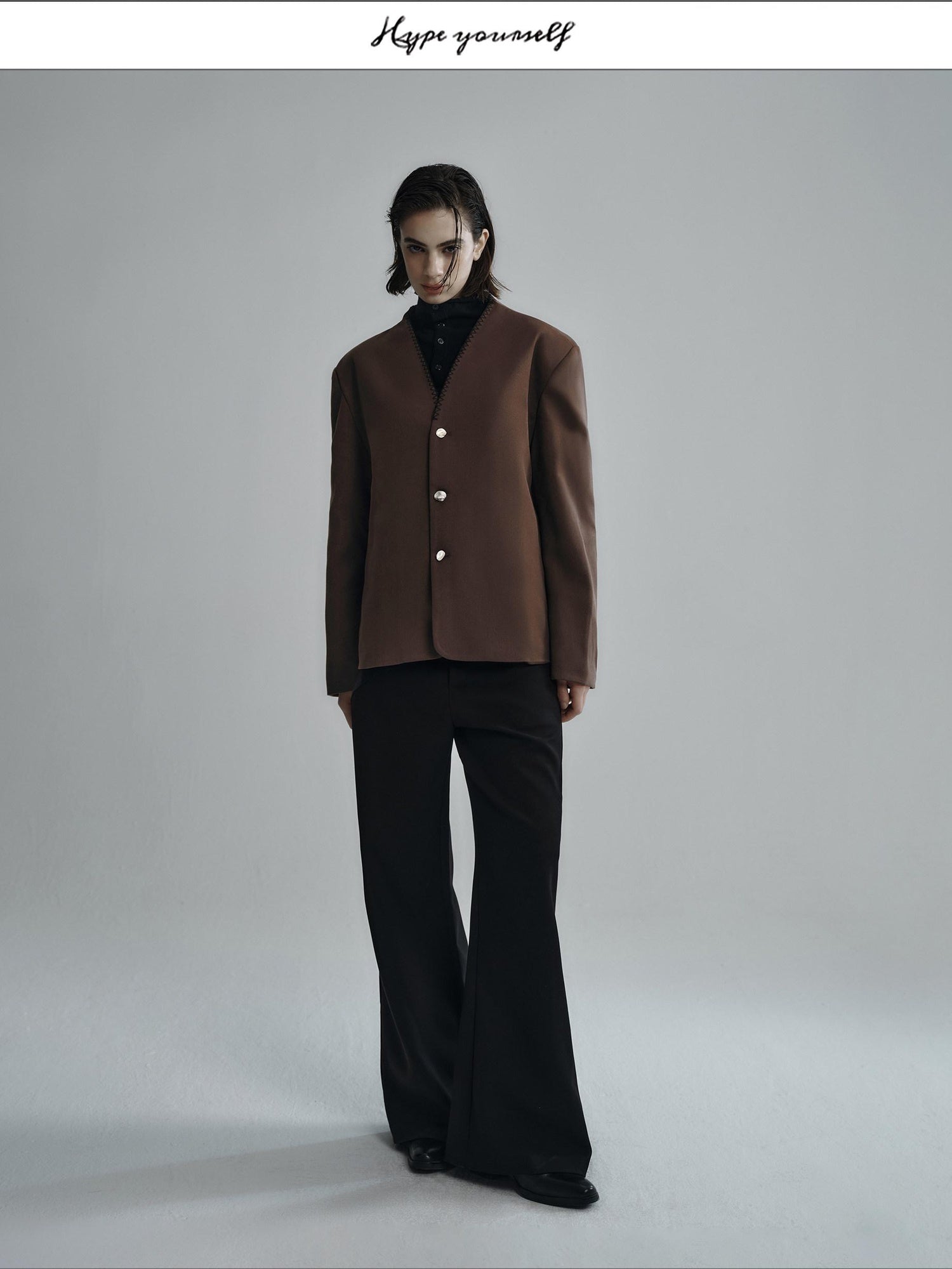 Hypeyourself Wool Blend Minimalist Stand Collar Short Unisex Everyday Black Caramel Blazers