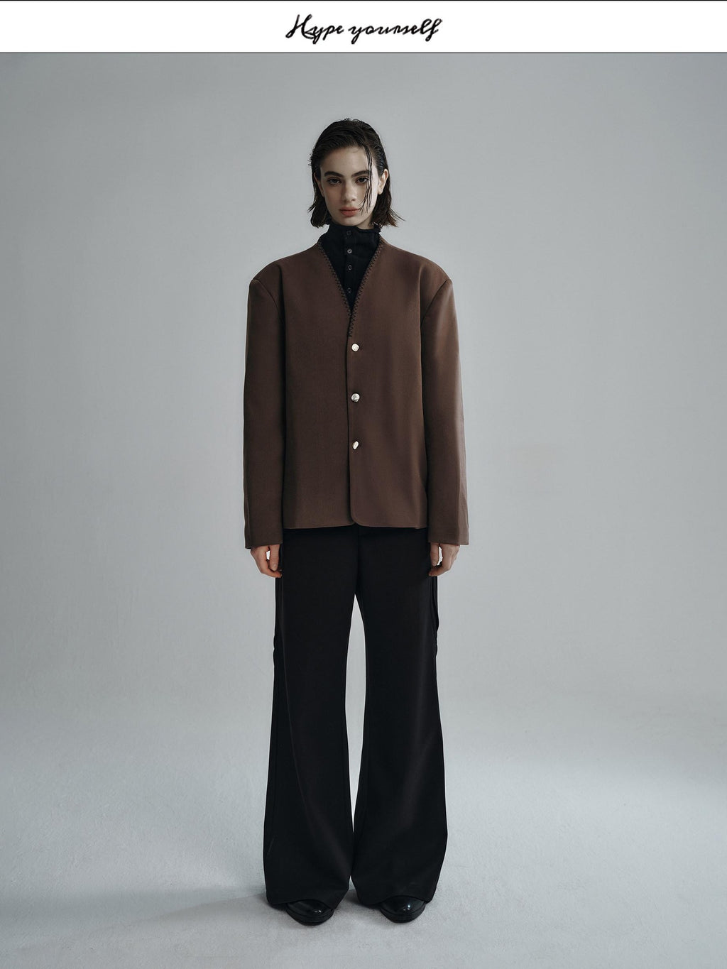 Hypeyourself Wool Blend Minimalist Stand Collar Short Unisex Everyday Black Caramel Blazers