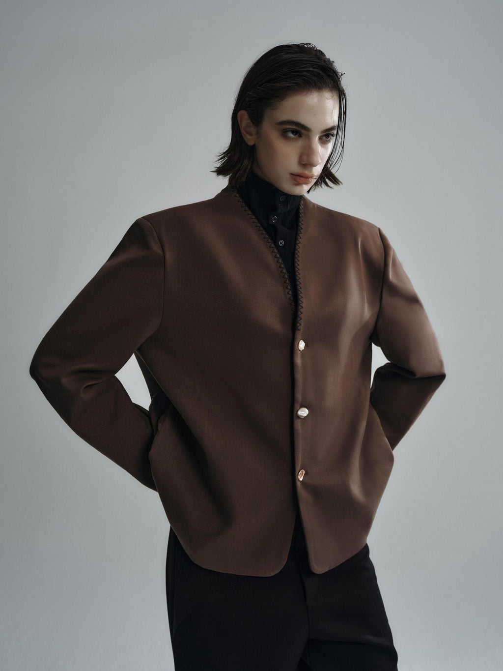 Hypeyourself Wool Blend Minimalist Stand Collar Short Unisex Everyday Black Caramel Blazers