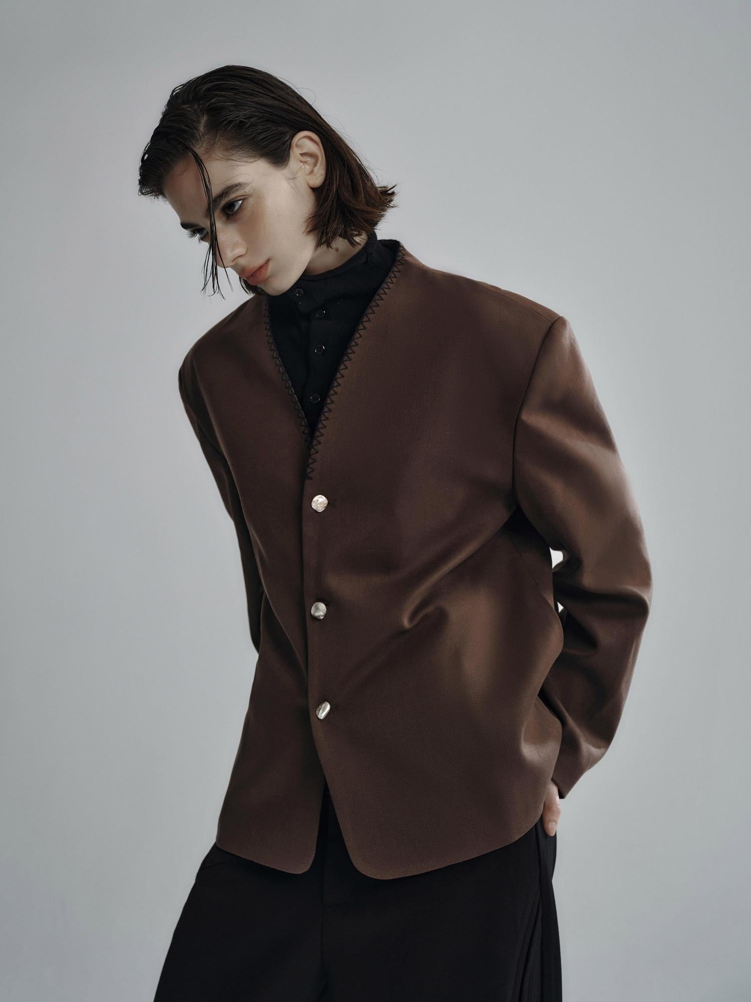 Hypeyourself Wool Blend Minimalist Stand Collar Short Unisex Everyday Black Caramel Blazers
