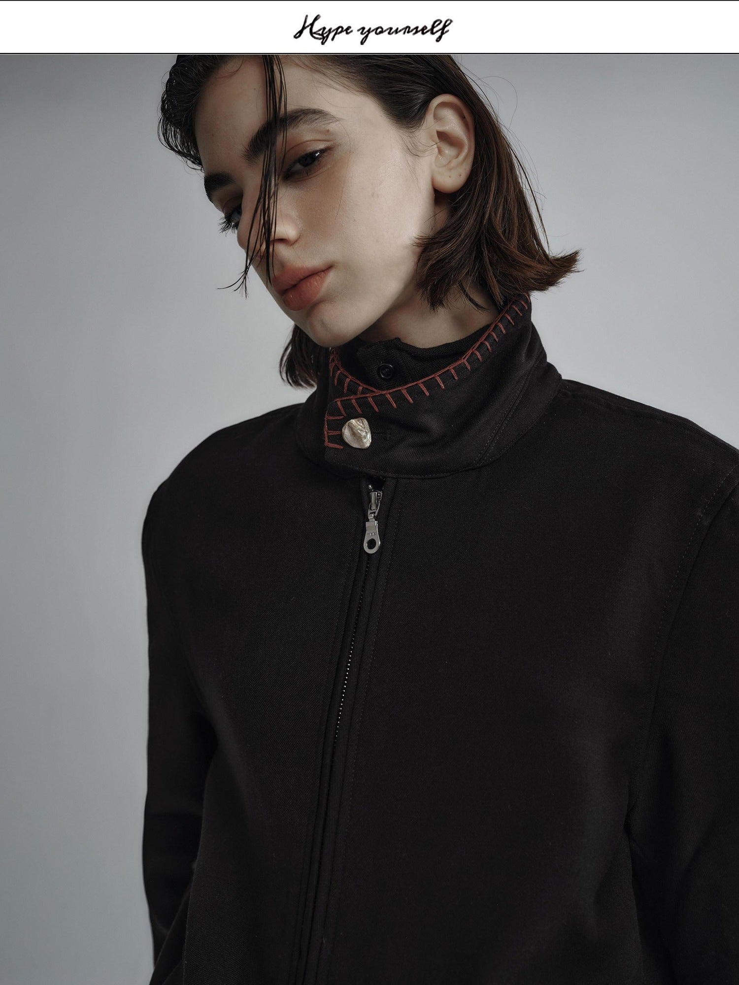 Hypeyourself Wool Blend Stand Collar Short Minimal Unisex Daily Black Cropped Jackets