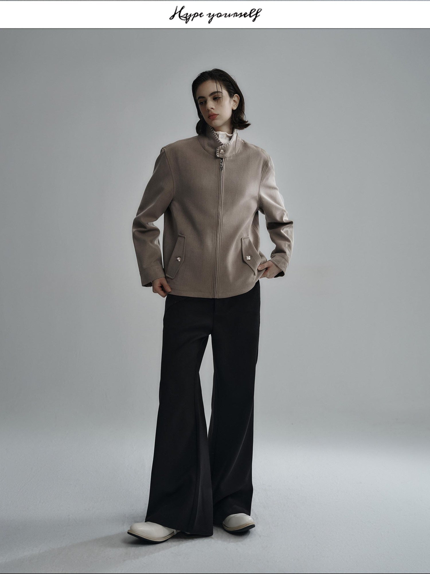 Hypeyourself Wool Blend Stand Collar Short Minimal Unisex Daily Black Cropped Jackets