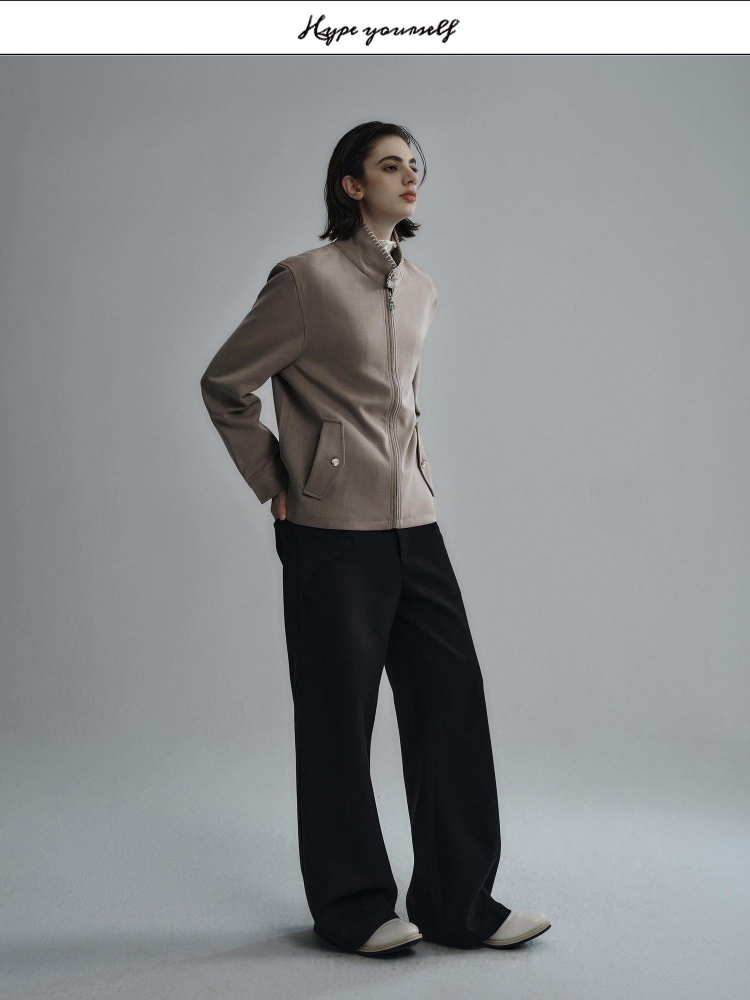 Hypeyourself Wool Blend Stand Collar Short Minimal Unisex Daily Black Cropped Jackets