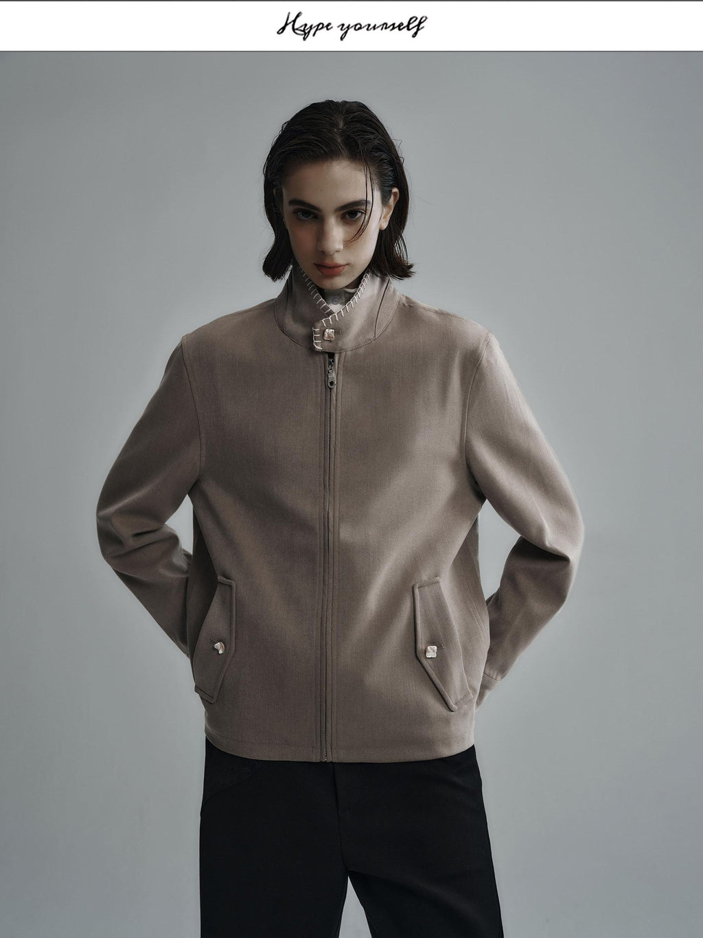 Hypeyourself Wool Blend Stand Collar Short Minimal Unisex Daily Black Cropped Jackets