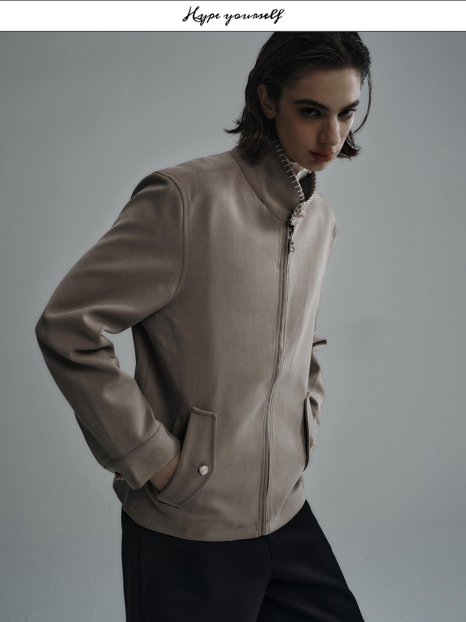 Hypeyourself Wool Blend Stand Collar Short Minimal Unisex Daily Black Cropped Jackets