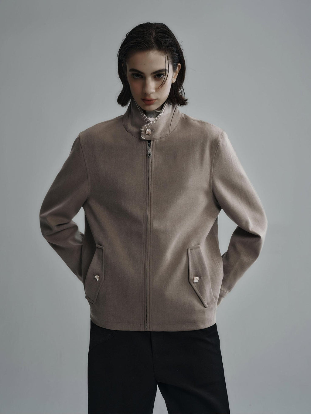 Hypeyourself Wool Blend Stand Collar Short Minimal Unisex Daily Black Cropped Jackets
