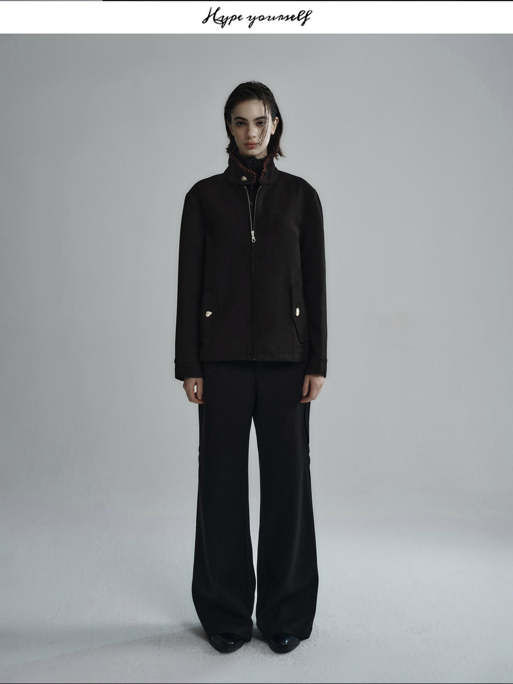 Hypeyourself Wool Blend Stand Collar Short Minimal Unisex Daily Black Cropped Jackets