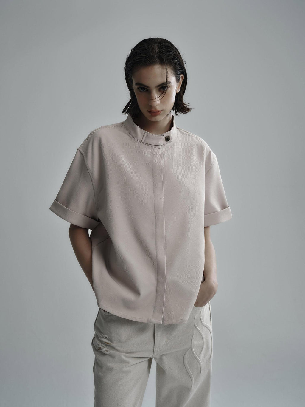 Hypeyourself Wrinkle Free Minimalist Stand Collar Unisex Polyester Short Sleeve Shirts