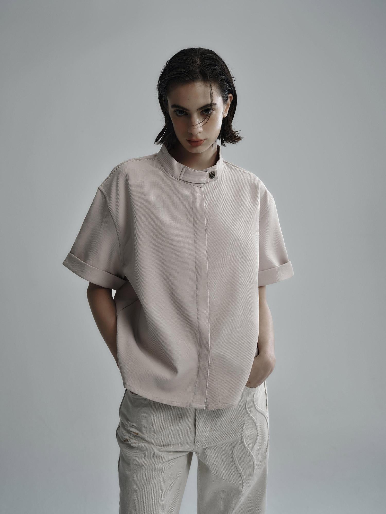 Hypeyourself Wrinkle Free Minimalist Stand Collar Unisex Polyester Short Sleeve Shirts