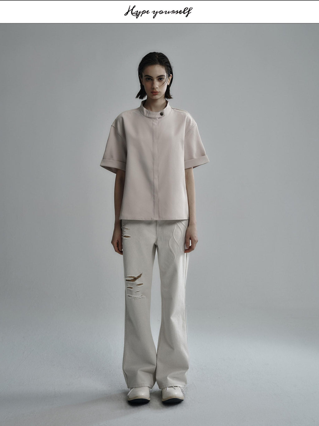 Hypeyourself Wrinkle Free Minimalist Stand Collar Unisex Polyester Short Sleeve Shirts
