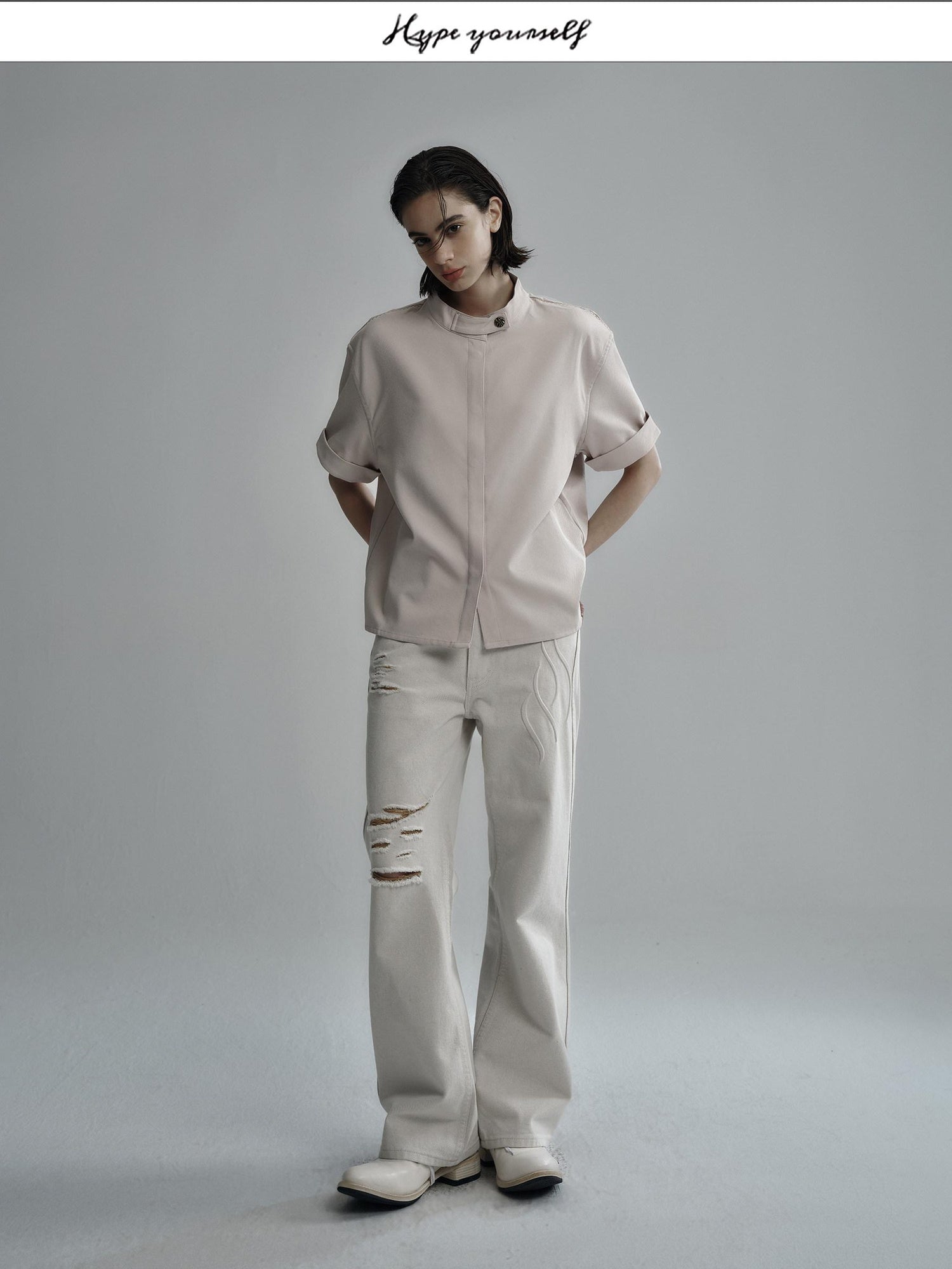 Hypeyourself Wrinkle Free Minimalist Stand Collar Unisex Polyester Short Sleeve Shirts