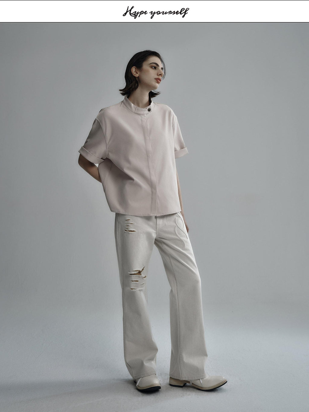 Hypeyourself Wrinkle Free Minimalist Stand Collar Unisex Polyester Short Sleeve Shirts