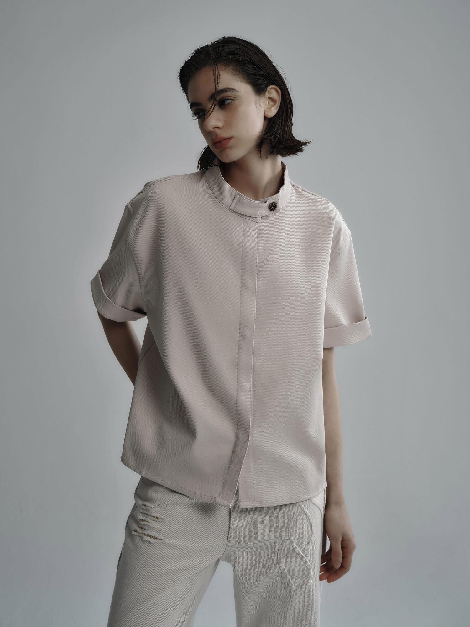 Hypeyourself Wrinkle Free Minimalist Stand Collar Unisex Polyester Short Sleeve Shirts